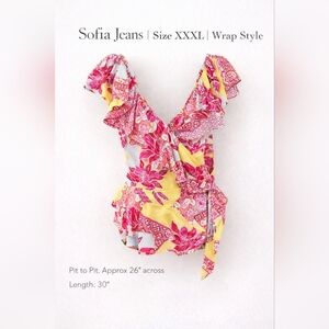 Sofia Jeans Wrap Top Ruffle Floral XXXL Yellow Pink NWT